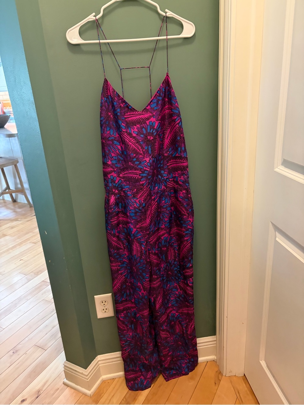 J. Crew Fuchsia and Blue Printed Satin Jumpsuit